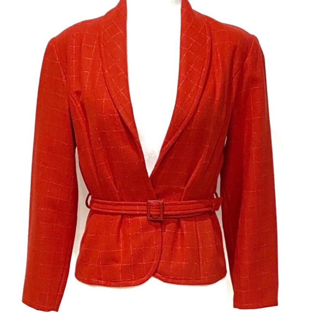 VINTAGE Tweed Wool Blazer Belted Lined Women’s Size 2/4 GREEN LEAF Red Orange